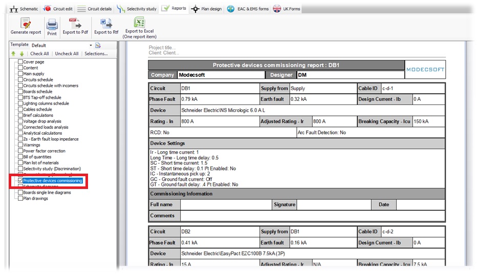 Protective devices commissioning report