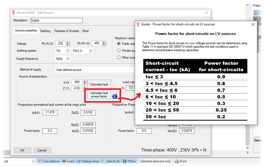 Power factor for short-circuits on LV sources